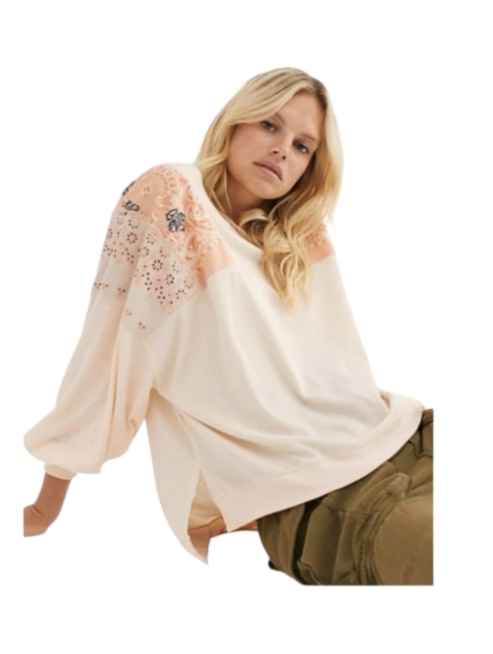 Free People Feelin It Patchwork Top Peach Embellished Long Sleeve Tee